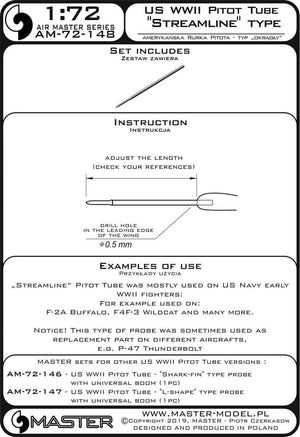 Master AM-72-148 American WWII Pitot Tube - &amp;quot;Streamline&amp;quot; Type (1 pc.) - Used mainly on early US Navy aircraft - F-2A Buffalo, F4F-3 Wildcat and others 1/72 – image 3