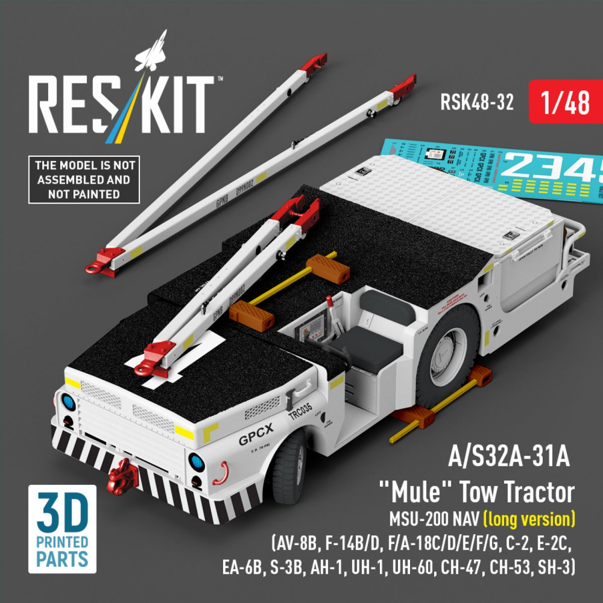 RESKIT RSK48-0032 A/S32A-31A "Mule" Tow Tractor MSU-200 NAV (long version) (AV-8B, F-14B/D, F/A-18C/D/E/F/G, C-2, E-2С, EA-6B, S-3B, AH-1, UH-1, UH-60, CH-47, CH-53, SH-3) (3D Printed model kit) 1/48
