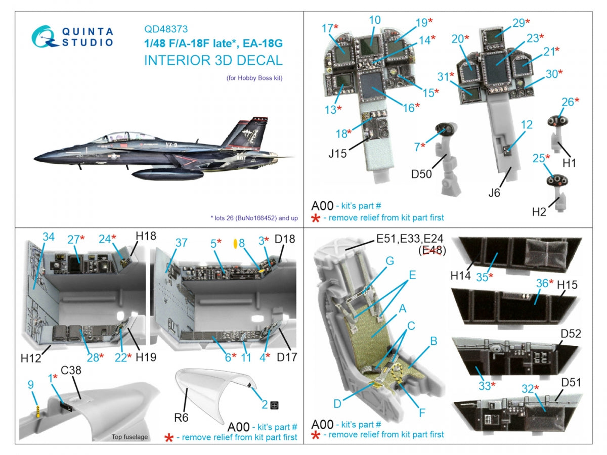 Quinta Studio QD48373 F/A-18F late / EA-18G 3D-Printed &amp;amp; colored Interior on decal paper (Hobby Boss) 1/48 – obrázek 2