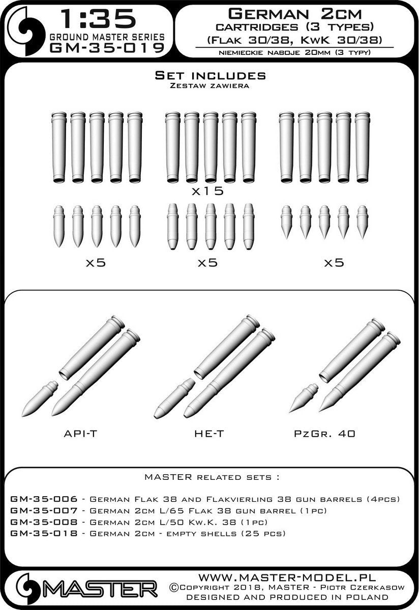 Master GM-35-019 German 2cm ammunition (cal. 20x138B) for Flak 30/38, KwK 30/38 guns - shells (15 pcs.) and 3 types of projectiles (5 pcs. of each type) (1/35) – image 4