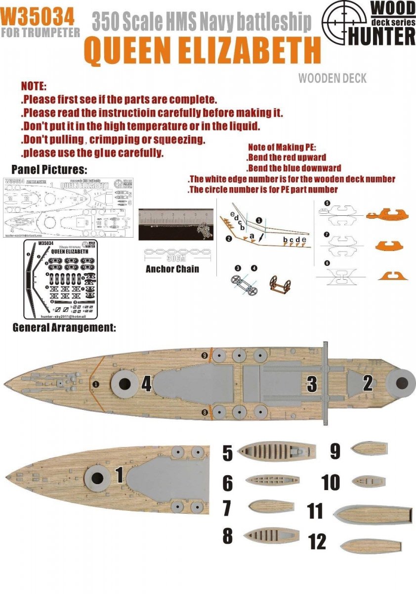 Wood Hunter W35034 Wood deck HMS Queen Elizabeth for Trumpeter 1/350