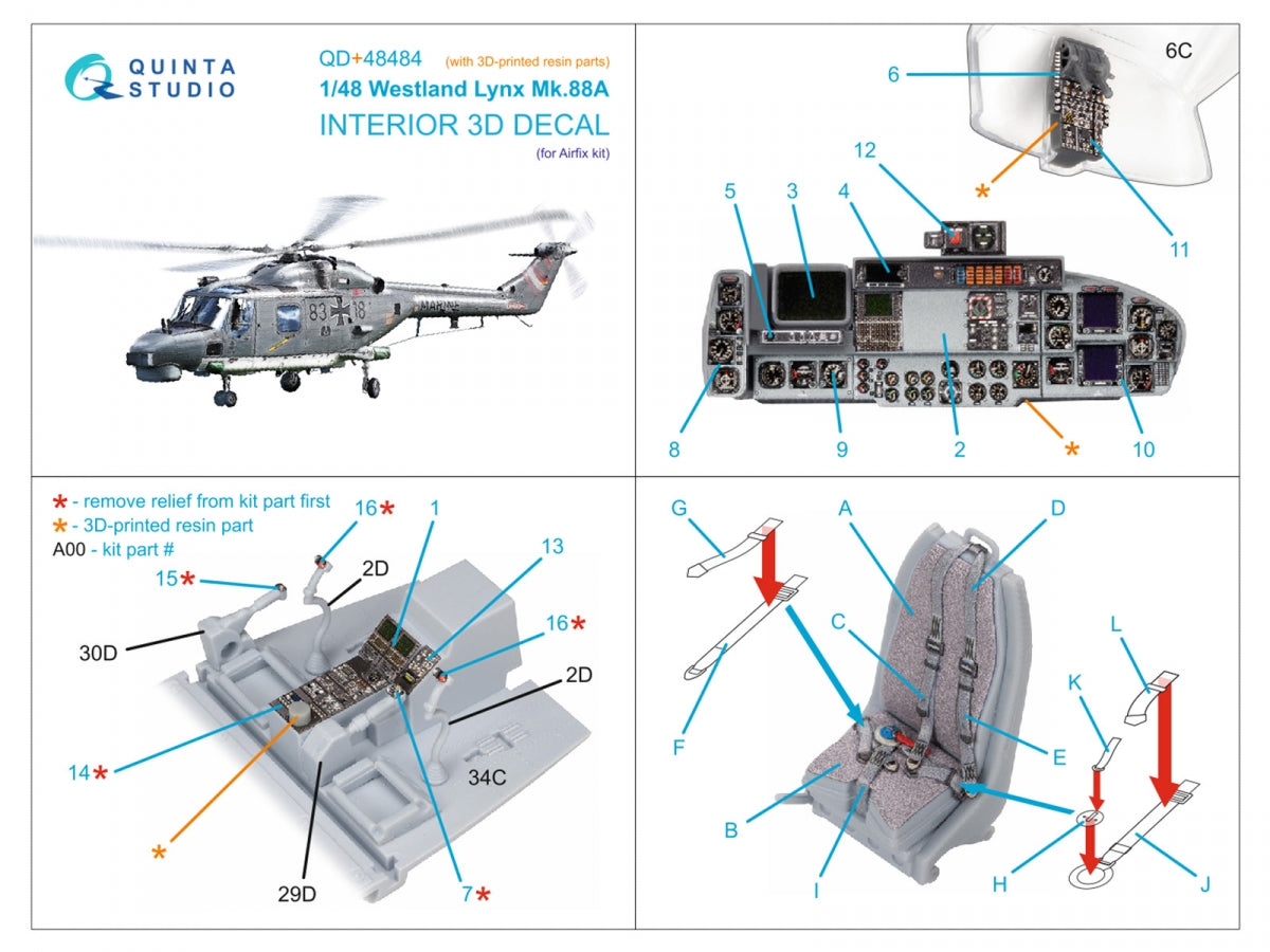 Quinta Studio QD+48484 Lynx Mk88A 3D-Printed &amp; coloured Interior on decal paper ( Airfix )( with 3D-printed resin parts ) 1/48