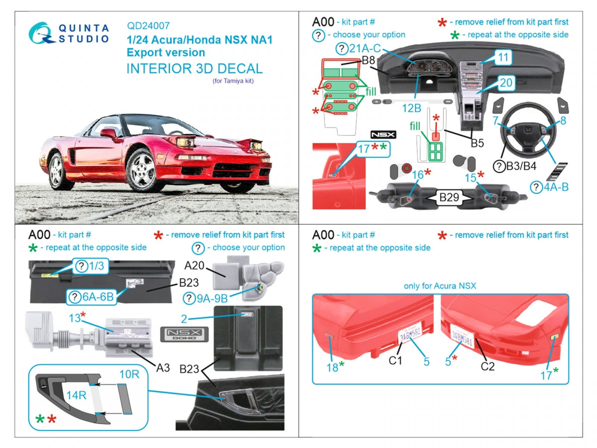 Quinta Studio QD24007 Acura-Honda NSX NA1 Export version 3D-Printed &amp;amp; colored Interior on decal paper (Tamiya) 1/24 – obrázek 2