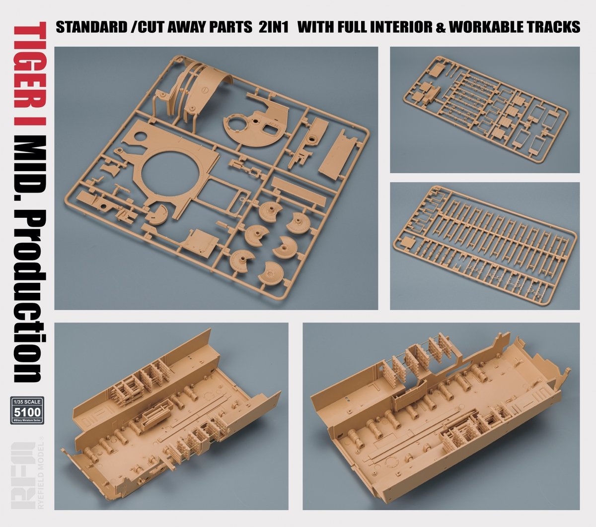 Rye Field Model 5100 TIGER I MID.Production STANDARD/CUT AWAY PARTS 2 IN 1 WITH FULL INTERIOR&amp;amp;WORKABLE TRACKS 1/35 – image 4