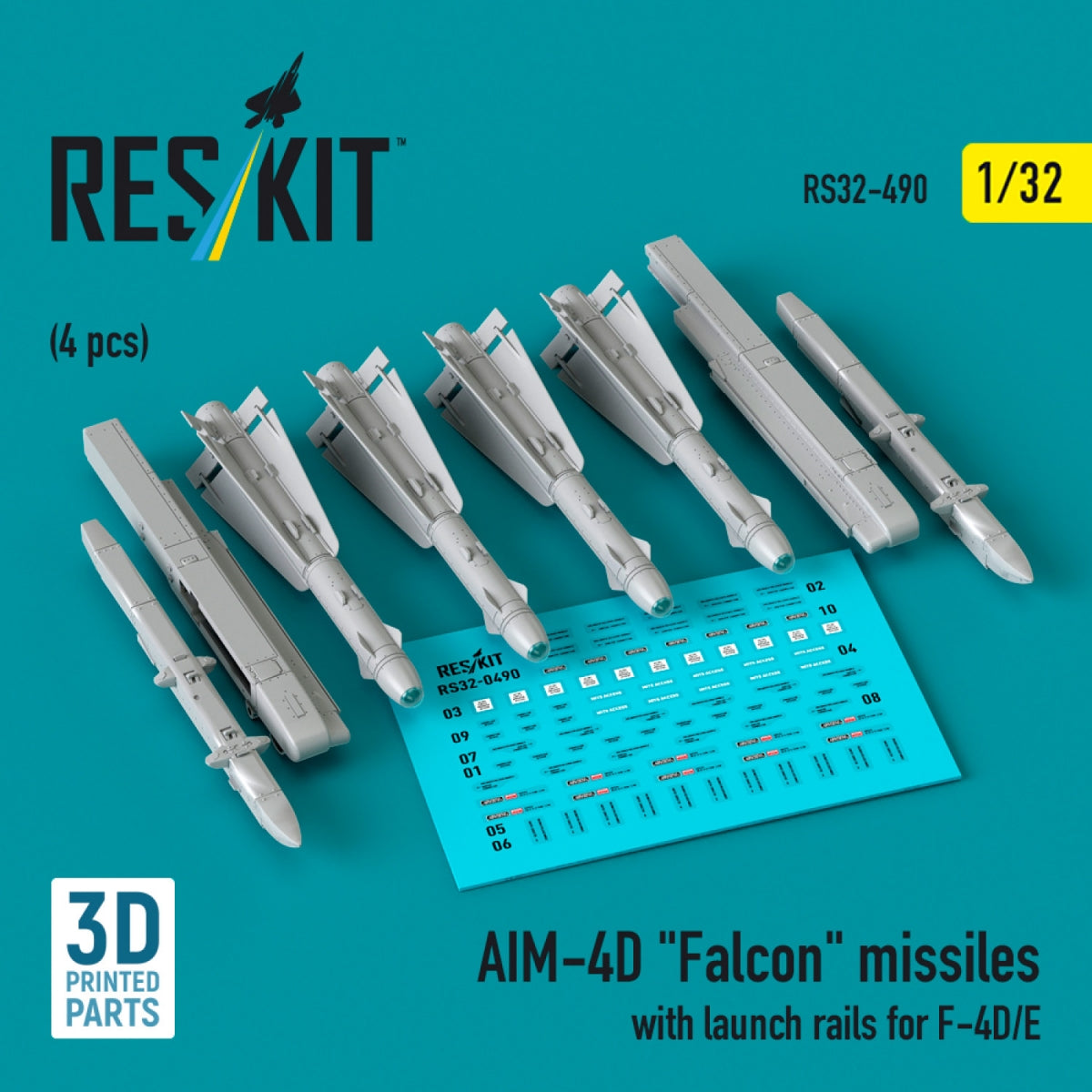RESKIT RS32-0490 AIM-4D "Falcon" missiles with launch rails for F-4D/E (4 pcs) (3D Printed) 1/32