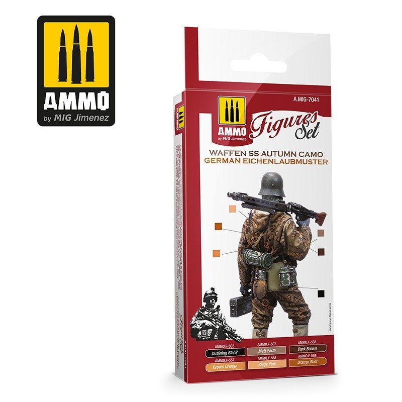 AMMO of Mig Jimenez 7041 WAFFEN SS Autumn Camo. German Einchenlaubmuster Set 6x17ml – imagen 2
