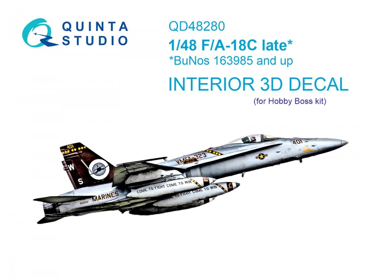 Quinta Studio QD48280 F/A-18C late 3D-Printed &amp;amp; colored Interior on decal paper (HobbyBoss) 1/48