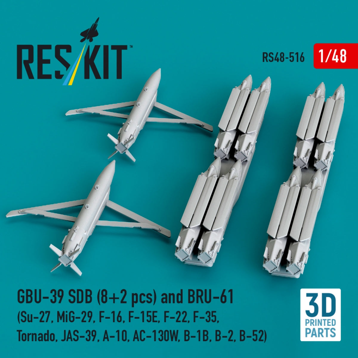 RESKIT RS48-0516 GBU-39 SDB (8 pcs) and BRU-61 (2 pcs) (Su-27, MiG-29, F-16, F-15E, F-22, F-35, Tornado, JAS-39, A-10, AC-130W, B-1B, B-2, B-52) (3D Printed) 1/48