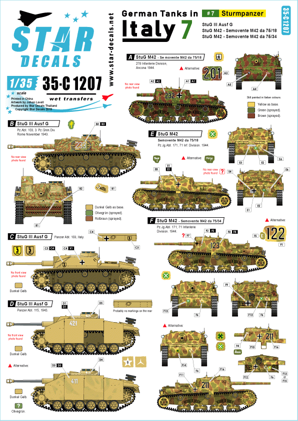 Star Decals 35-C1207 German tanks in Italy #7 Sturmpanzer 1/35