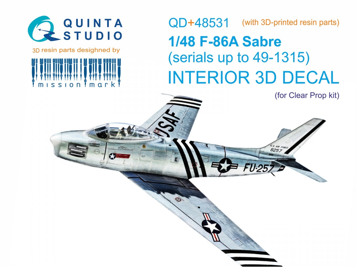 Quinta Studio QD+48531 F-86A Saber 3D-Printed &amp;amp; colored Interior on decal paper (Clear Prop) (with 3D-printed resin parts) 1/48