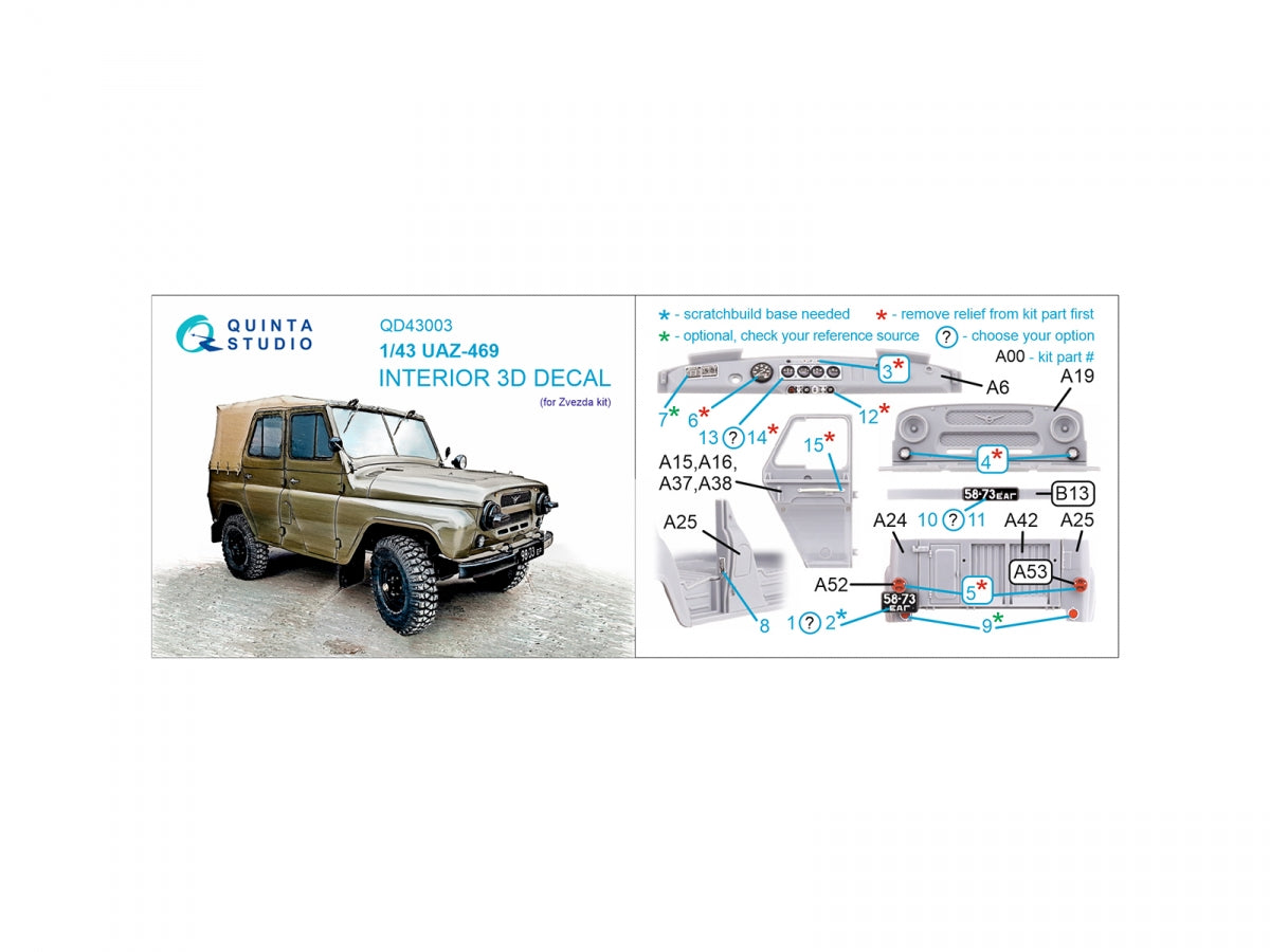 Quinta Studio QD43003 UAZ-469 3D-Printed &amp;amp; colored Interior on decal paper (Zvezda) 1/43 – Bild 12
