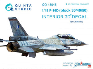 Quinta Studio QD48045 F-16D (block 30/40/50) 3D-Printed &amp;amp; colored Interior on decal paper (for Kinetic kit) 1/48
