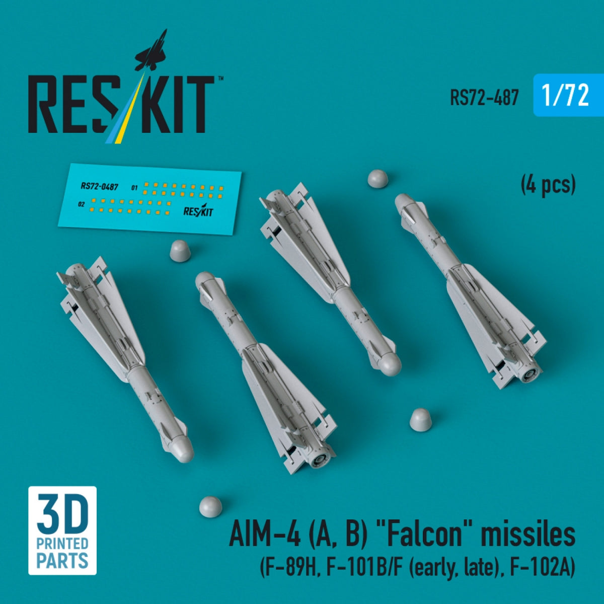 RESKIT RS72-0487 AIM-4 (A, B) "Falcon" missiles (4 pcs) (3D Printed) 1/72