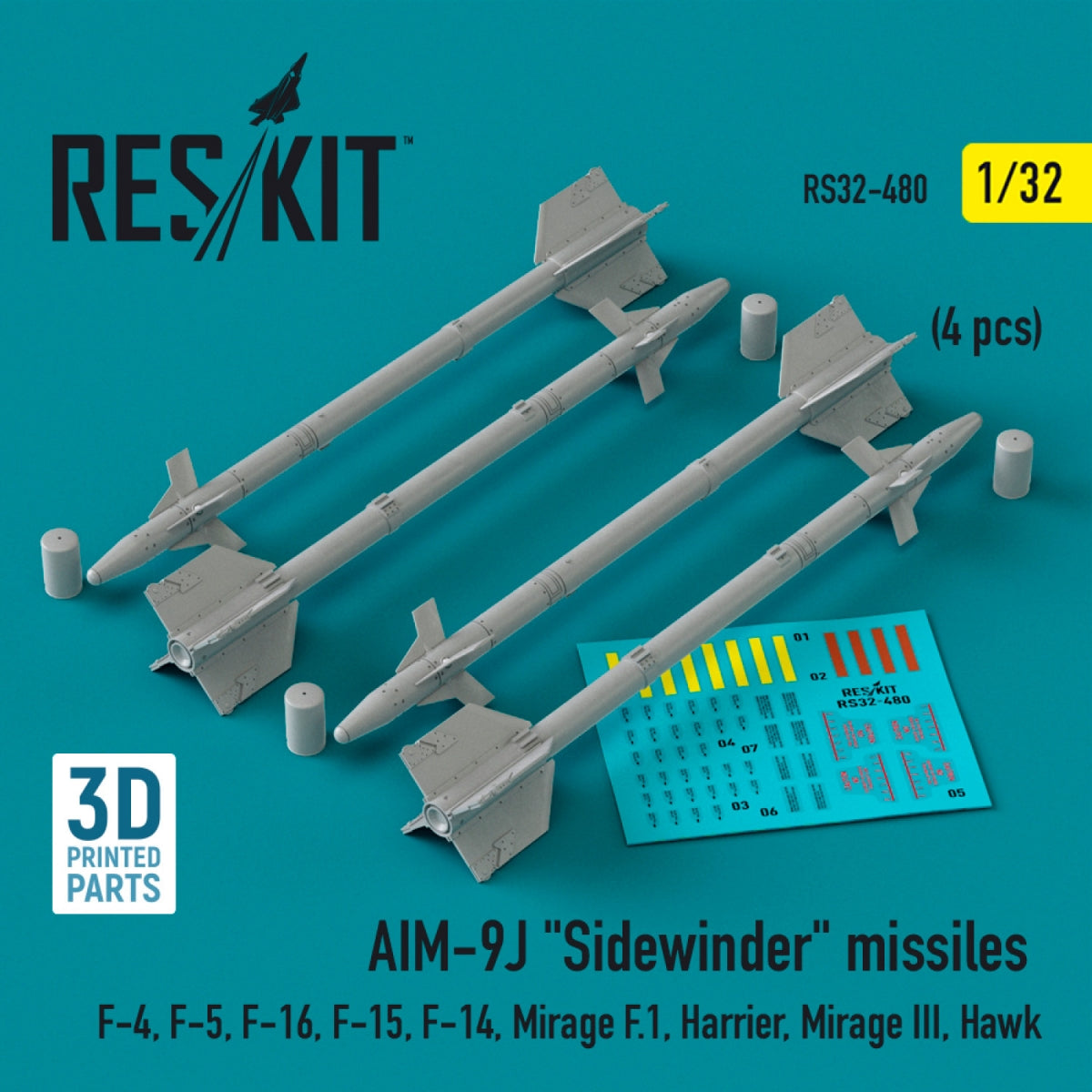RESKIT RS32-0480 AIM-9J &amp;quot;Sidewinder&amp;quot; missiles (4 pcs) (3D Printed) 1/32