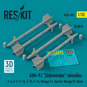 RESKIT RS32-0480 AIM-9J &amp;quot;Sidewinder&amp;quot; missiles (4 pcs) (3D Printed) 1/32