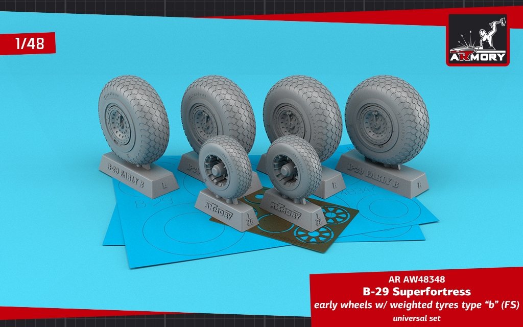 Armory Models AW48348 B-29 Superfortress early production wheels w/ weighted tires type “b” (FS) &amp; PE hubcaps 1/48