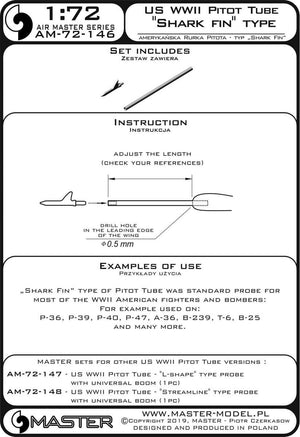 Master AM-72-146 American WWII Pitot Tube - &amp;quot;Shark Fin&amp;quot; Type (1 pc.) - used on P-36, P-39, P-40, P-47, A-36, B-239, T-6, B-25 and many others 1/72 – image 4