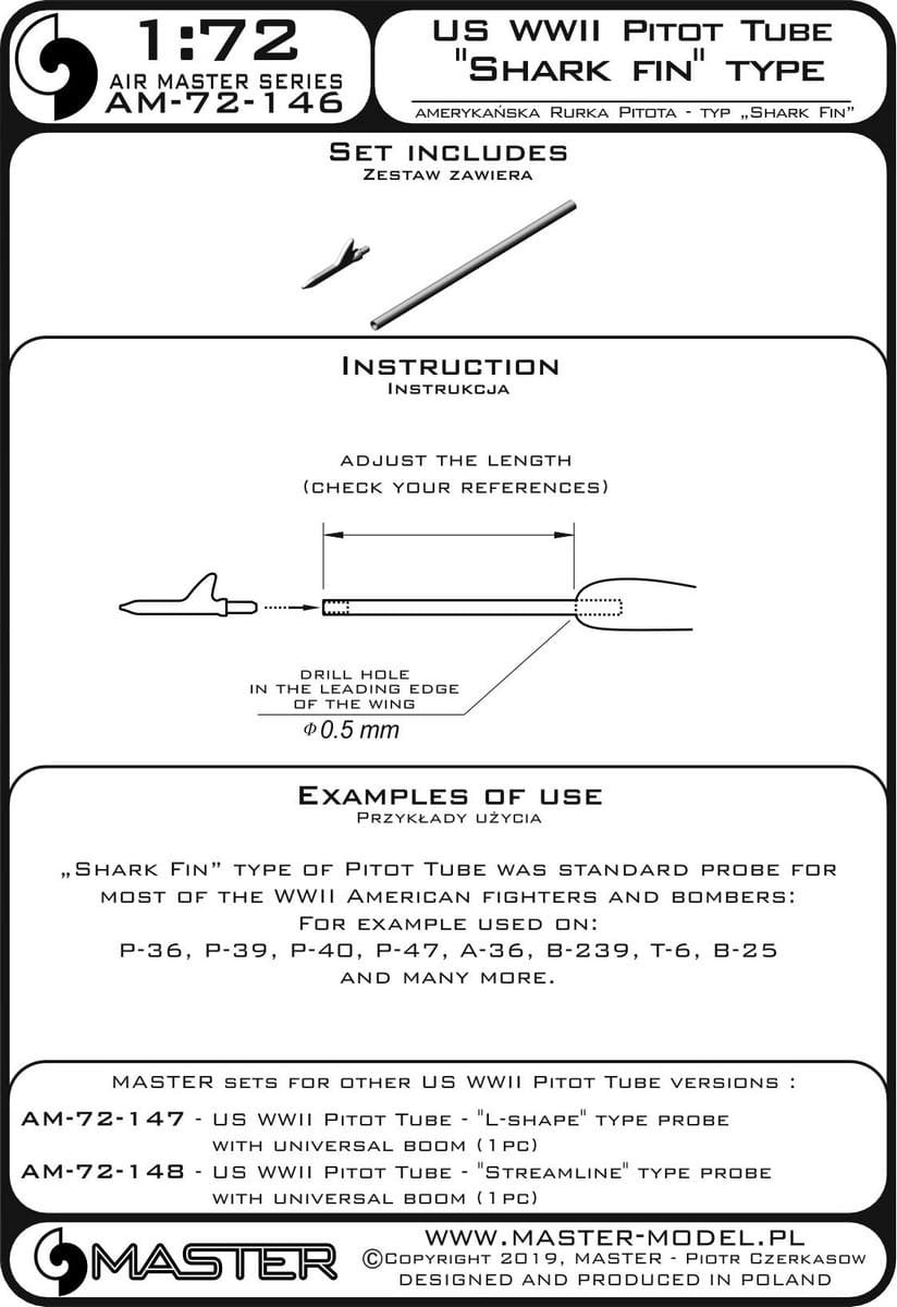 Master AM-72-146 American WWII Pitot Tube - &amp;quot;Shark Fin&amp;quot; Type (1 pc.) - used on P-36, P-39, P-40, P-47, A-36, B-239, T-6, B-25 and many others 1/72 – image 4