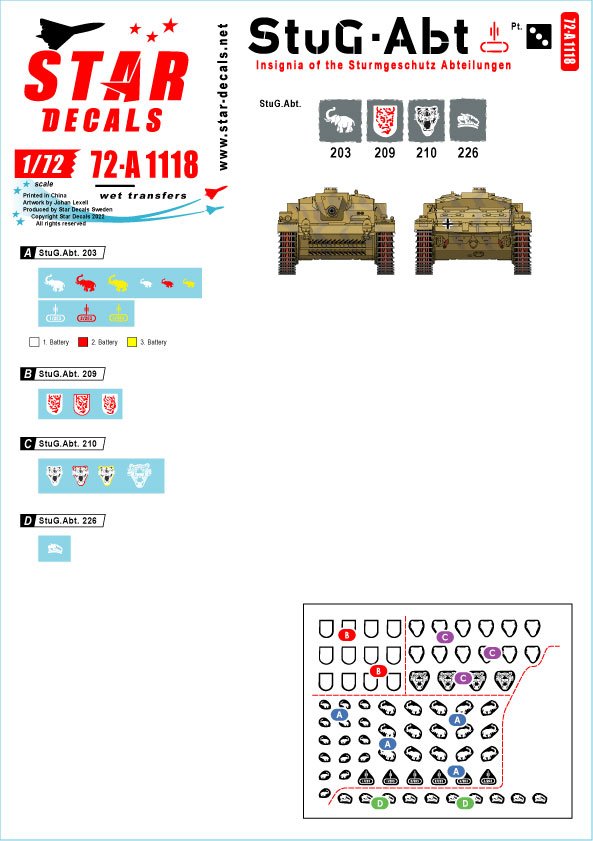 Star Decals 72-A1118 StuG-Abt #3 Generic insignia and unit markings for the Sturmgeschutz units. StuG-Abt 203, 209, 210, 245 1/72