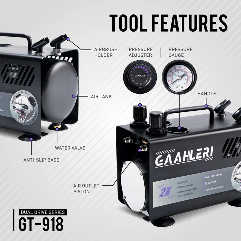 Gaahleri 43127 Dual Drive Series Airbrush Kit Compressor GT-918 – obrázek 8