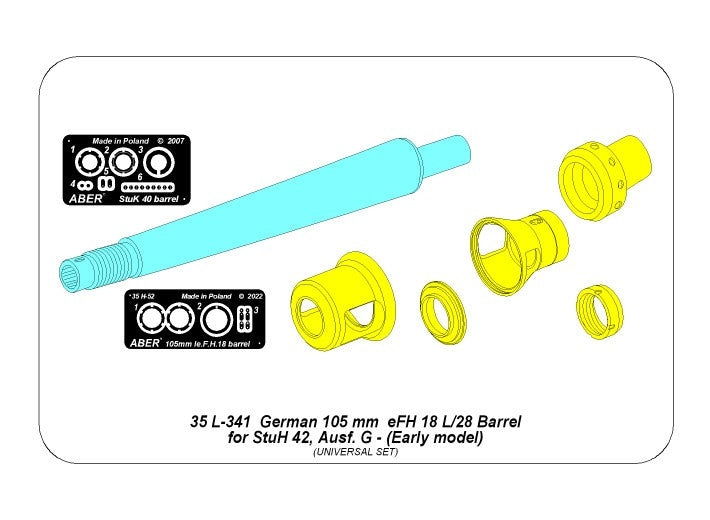 Aber 35L-341 Barrel for German Early Self-Propelled Howitzer StuH 42G / German 105 mm eFH 18 L/28 Barrel for StuH 42, Ausf. G Early 1/35