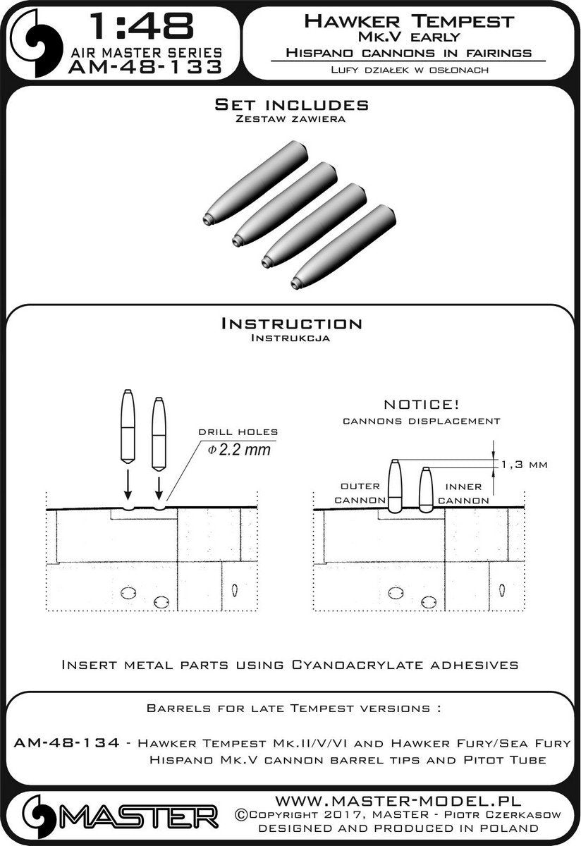 Master AM-48-133 Hawker Tempest Mk.V early version - 20mm Hispano gun barrels in shrouds (4 pcs.) (1/48) – image 3