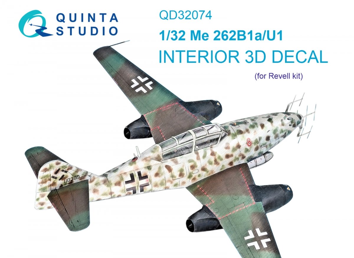 Quinta Studio QD32074 Me 262B1a/U-1 3D-Printed &amp;amp; colored Interior on decal paper (Revell) 1/32
