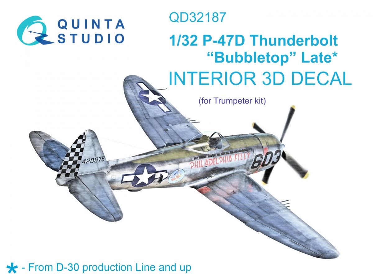 Quinta Studio QD32187 P-47D Thunderbolt Bubbletop (Late) 3D-Printed colored Interior on decal paper (Trumpeter) 1/32