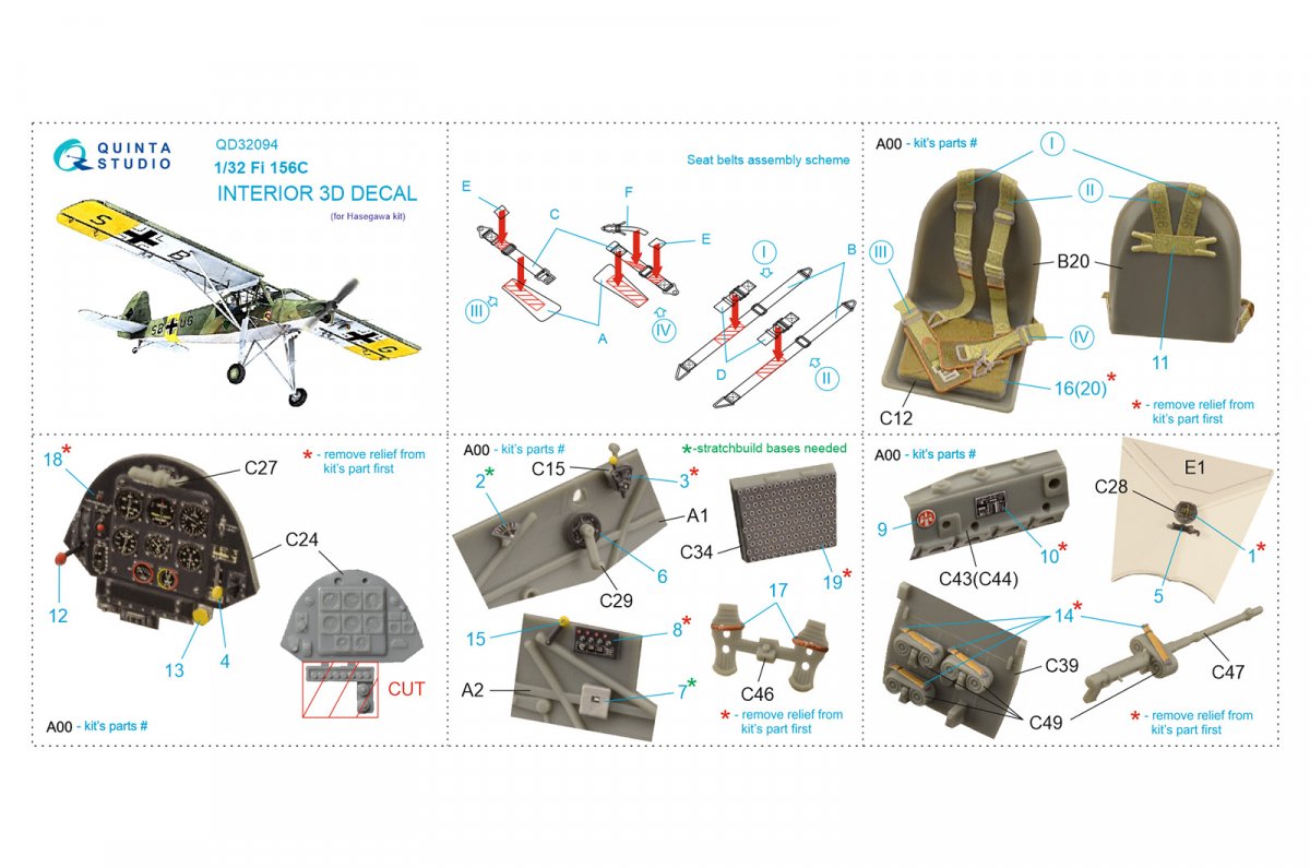 Quinta Studio QD32094 Fi 156C 3D-Printed &amp;amp; colored Interior on decal paper (Hasegawa) 1/32 – image 5