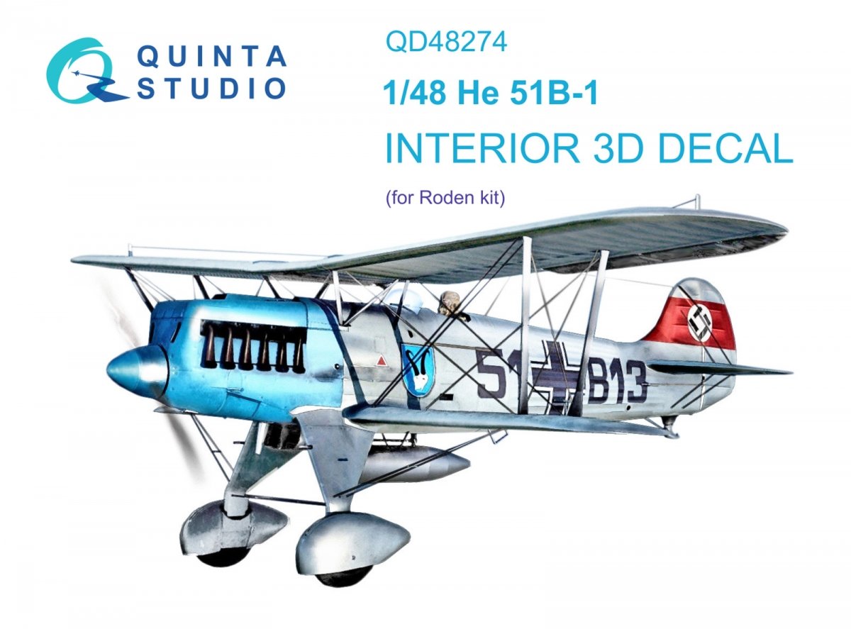 Quinta Studio QD48274 He 51B 3D-Printed &amp;amp; colored Interior on decal paper (Roden) 1/48