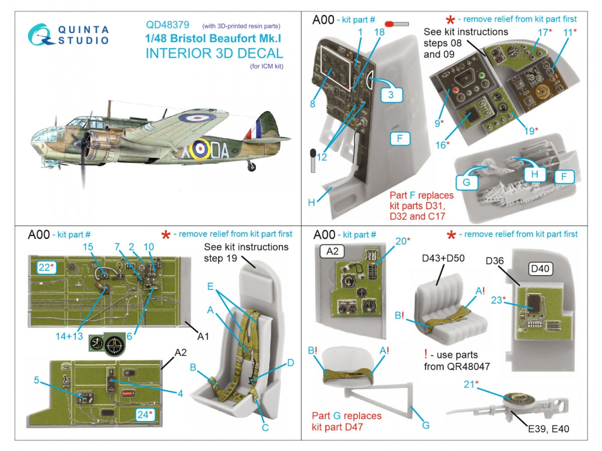 Quinta Studio QD+48379 Bristol Beaufort Mk.I 3D-Printed &amp;amp; colored Interior on decal paper (ICM) (with 3D-printed resin parts) 1/48 – Bild 2