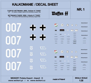 Weikert Decals DEC201 TIGER I - tank 007 - 101st SS Heavy Tank Battalion, Normandy, August 1944 - vol.1 1/35