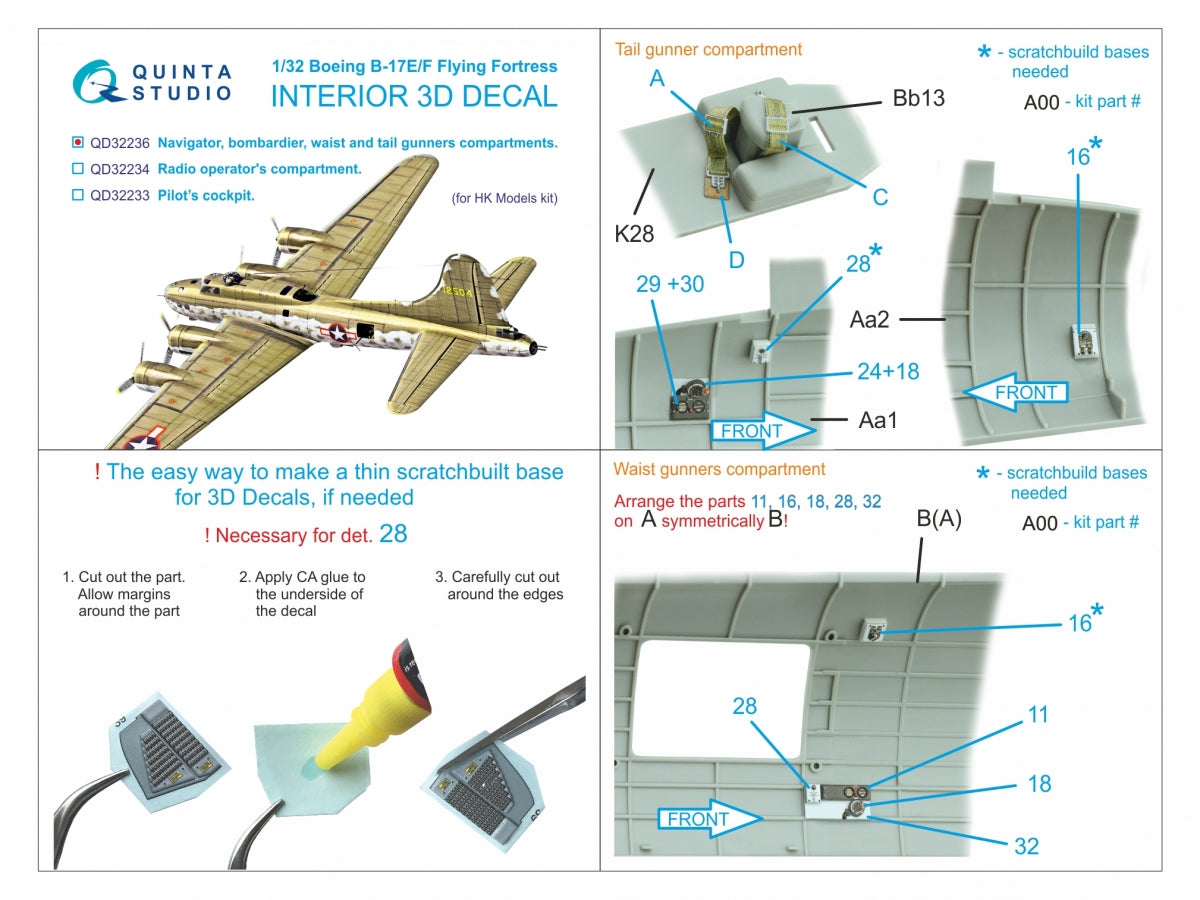 Quinta Studio QD32236 Boeing B-17E/F Navigator, bombardier, waist and tail gunners compartments. 3D-Printed colored Interior (HK models) 1/32 – obrázek 10