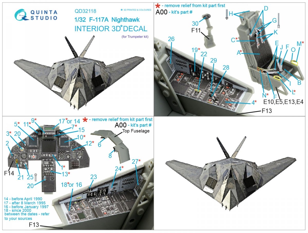 Quinta Studio QD32118 F-117A 3D-Printed &amp;amp; colored Interior on decal paper (Trumpeter) 1/32 – image 8
