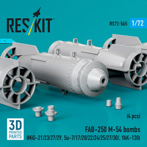 RESKIT RS72-0565 FAB-250 М-54 bombs (4 pcs) (MiG-21/23/27/29, Su-7/17/20/22/24/25/27/30/ YAK-130) (3D Printed) 1/72