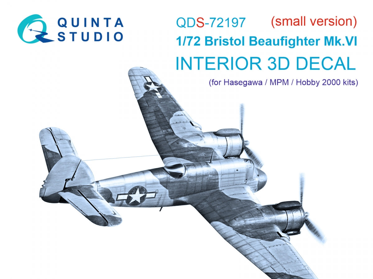 Quinta Studio QDS-72197 Bristol Beaufighter Mk.VI 3D-Printed &amp;amp; colored Interior on decal paper (Hasegawa/MPM/Hobby2000) (small version) 1/72