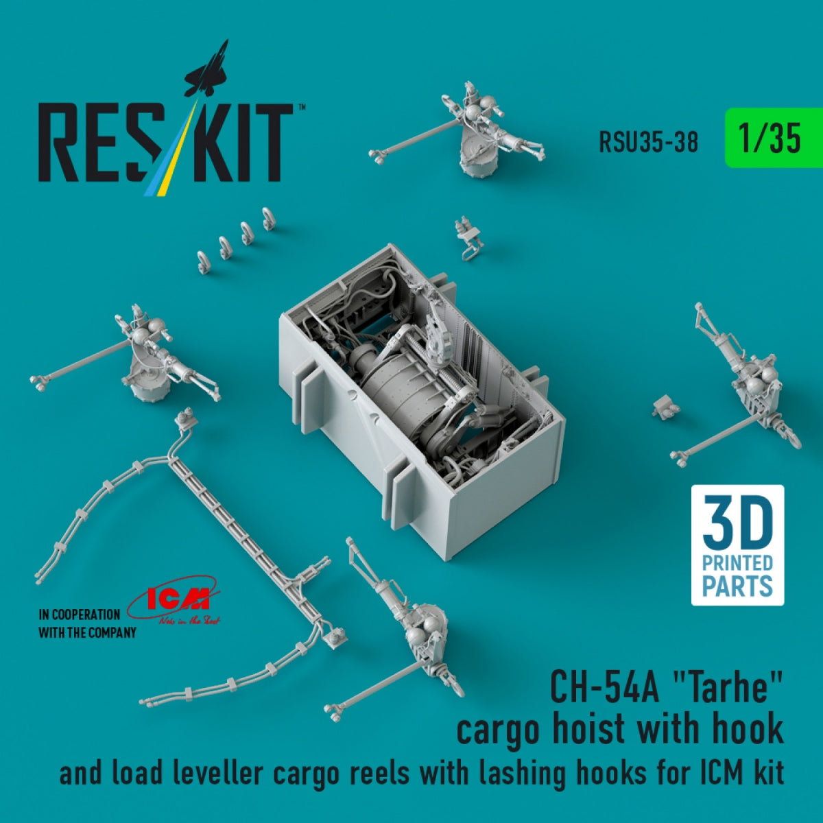 RESKIT RSU35-0038 CH-54A "Tarhe" cargo hoist with hook and load leveller cargo reels with lashing hooks for ICM kit (3D Printed) 1/35