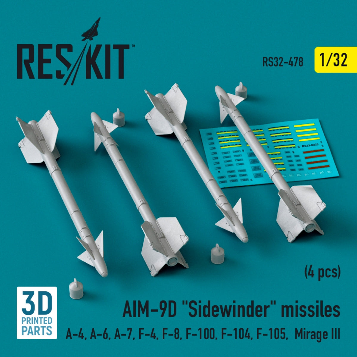 RESKIT RS32-0478 AIM-9D "Sidewinder" missiles (4 pcs) (3D Printed) 1/32