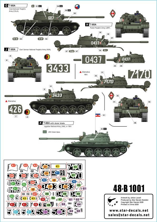 Star Decals 48-B1001 T-55A Tanks 1. Cold War. Soviet (Army and Naval Infantry), Poland, Hungary, Czechoslovakia, Germany (DDR), Romania and Jugoslavia 1/48 – Bild 2
