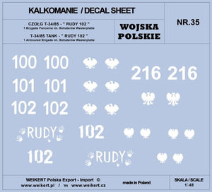 Weikert Decals DEC235 POLISH ARMY - TANK T-34/85, RUDY 102 and others / 1st and 2nd Polish Army 1/48