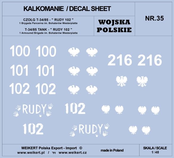 Weikert Decals DEC235 POLISH ARMY - TANK T-34/85, RUDY 102 and others / 1st and 2nd Polish Army 1/48