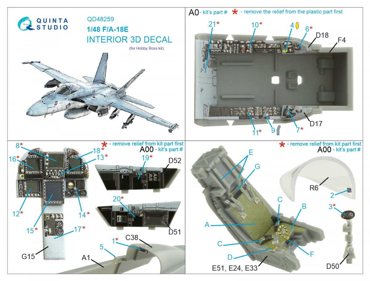 Quinta Studio QD48259 F/A-18E 3D-Printed &amp;amp; colored Interior on decal paper (HobbyBoss) 1/48 – image 2