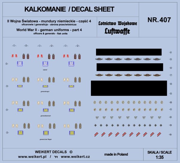 Weikert Decals DEC407 German Uniforms - Part 4 - Luftwaffe - Anti-Aircraft Defense 1/35