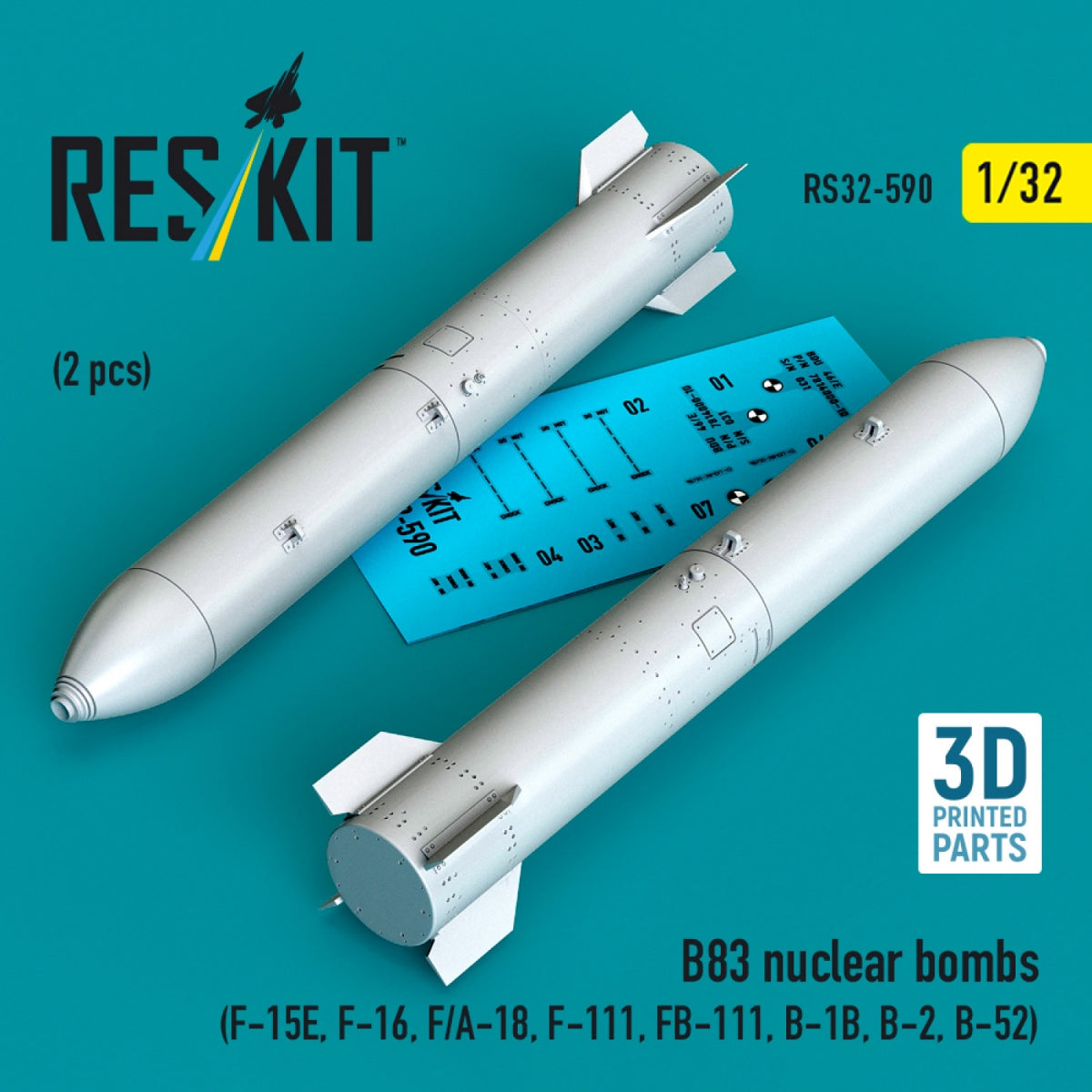 RESKIT RS32-0590 B83 nuclear bombs (2 pcs) (F-15E, F-16, F/A-18, F-111, FB-111, B-1B, B-2, B-52) (3D Printed) 1/32