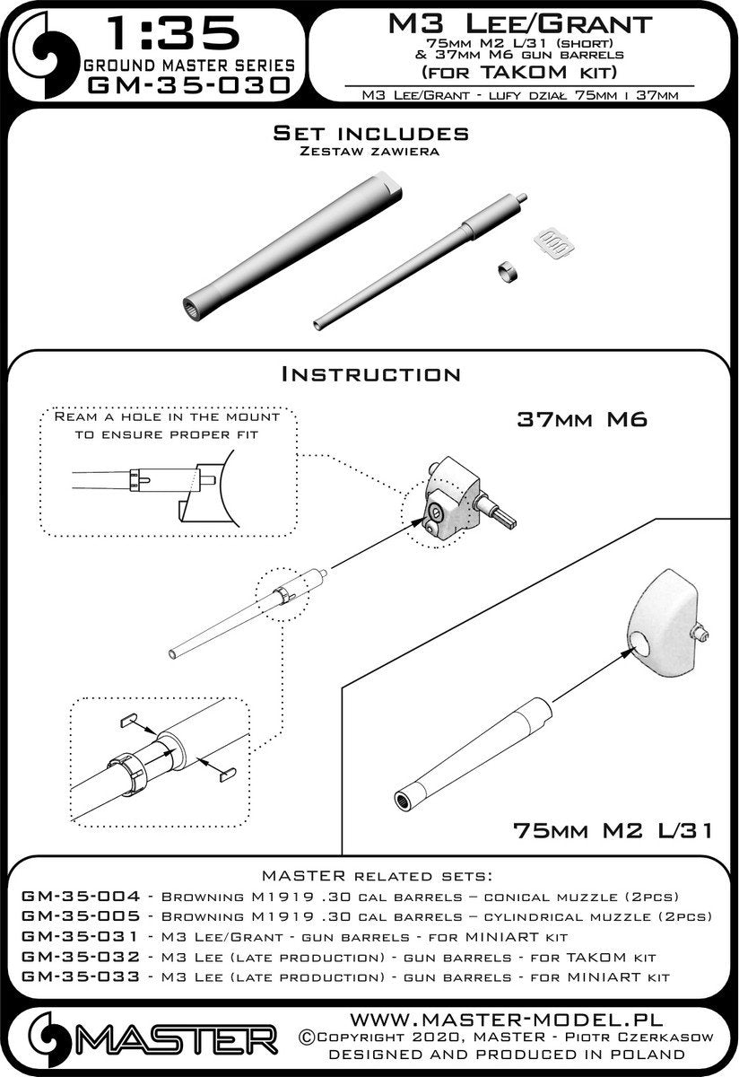 Master GM-35-030 M3 Lee/Grant - weapon barrels for the Takom 1/35 kit – obrázek 4