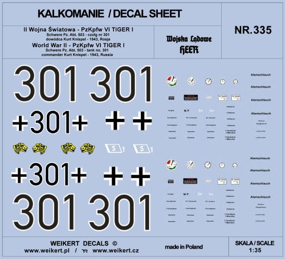 Weikert Decals DEC335 PzKpfw VI TIGER - Schwere Pz. Abt. 503 - tank no. 301 - commander Kurt Knispel - 1943, Russia 1/35