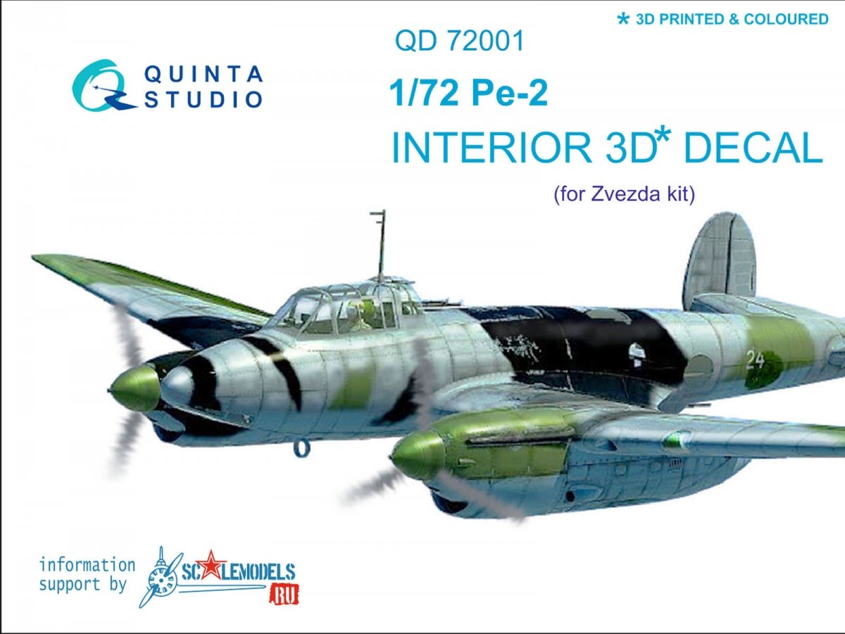 Quinta Studio QD72001 Pe-2 3D-Printed &amp;amp; colored Interior on decal paper (for 7283 Zvezda kit) 1/72