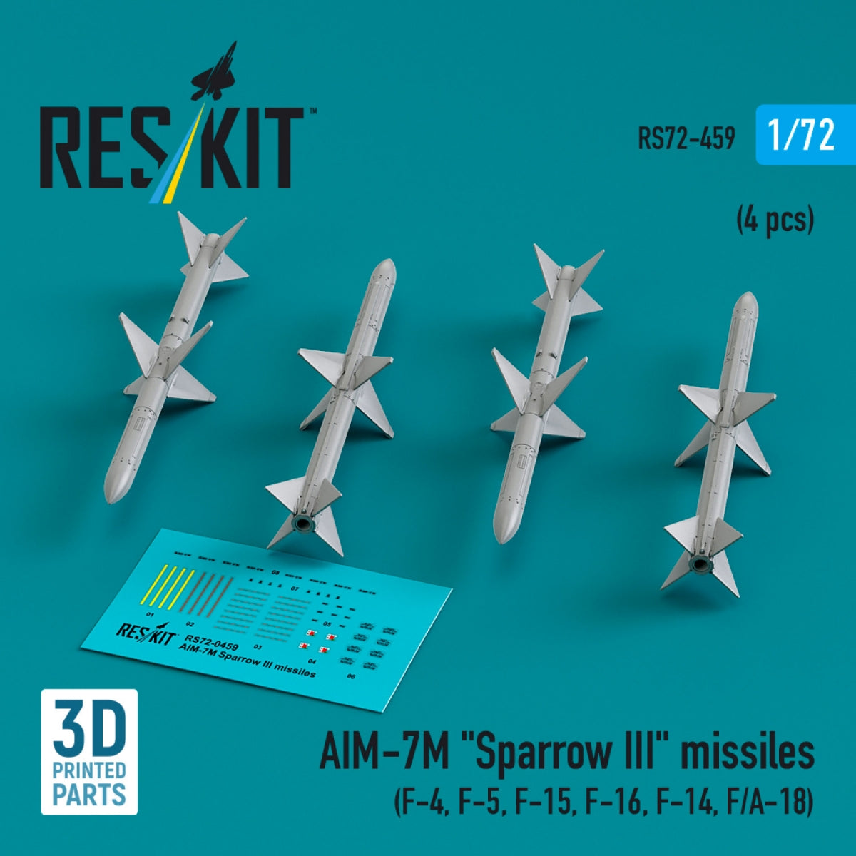 RESKIT RS72-0459 AIM-7M "Sparrow III" missiles (4 pcs) (3D Printed) 1/72