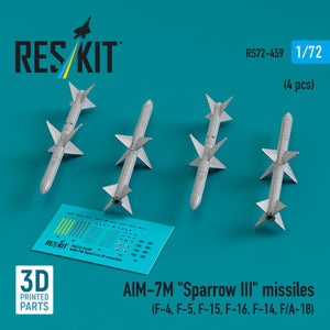 RESKIT RS72-0459 AIM-7M &amp;quot;Sparrow III&amp;quot; missiles (4 pcs) (3D Printed) 1/72