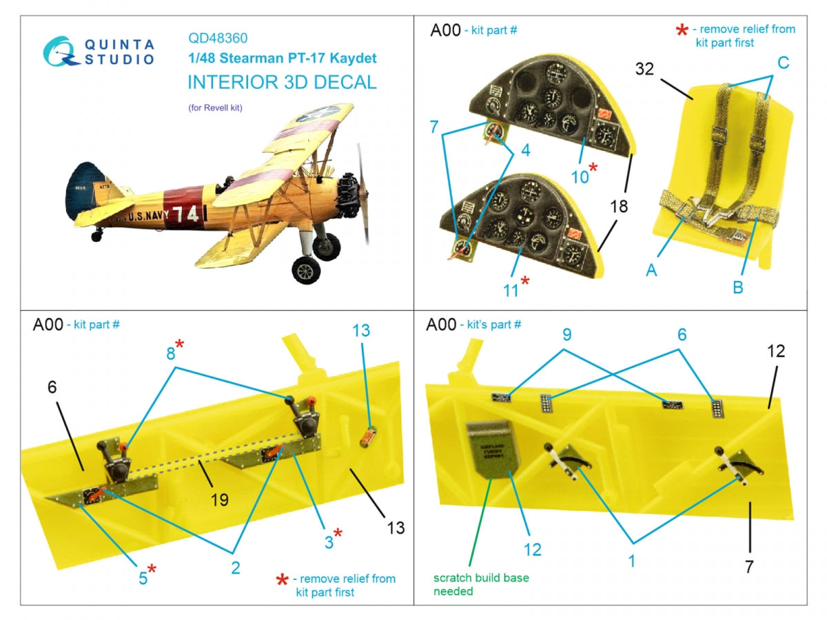 Quinta Studio QD48360 Stearman Pt-17 Kaydet 3D-Printed &amp;amp; colored Interior on decal paper (Revell) 1/48 – image 2